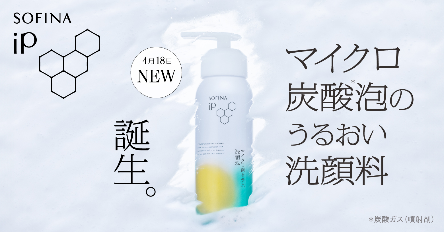 マイクロ炭酸＊泡のうるおい洗顔料。
蓄積くすみ＊＊・毛穴汚れを浄化。
＊炭酸ガス噴射剤＊＊古い角質による