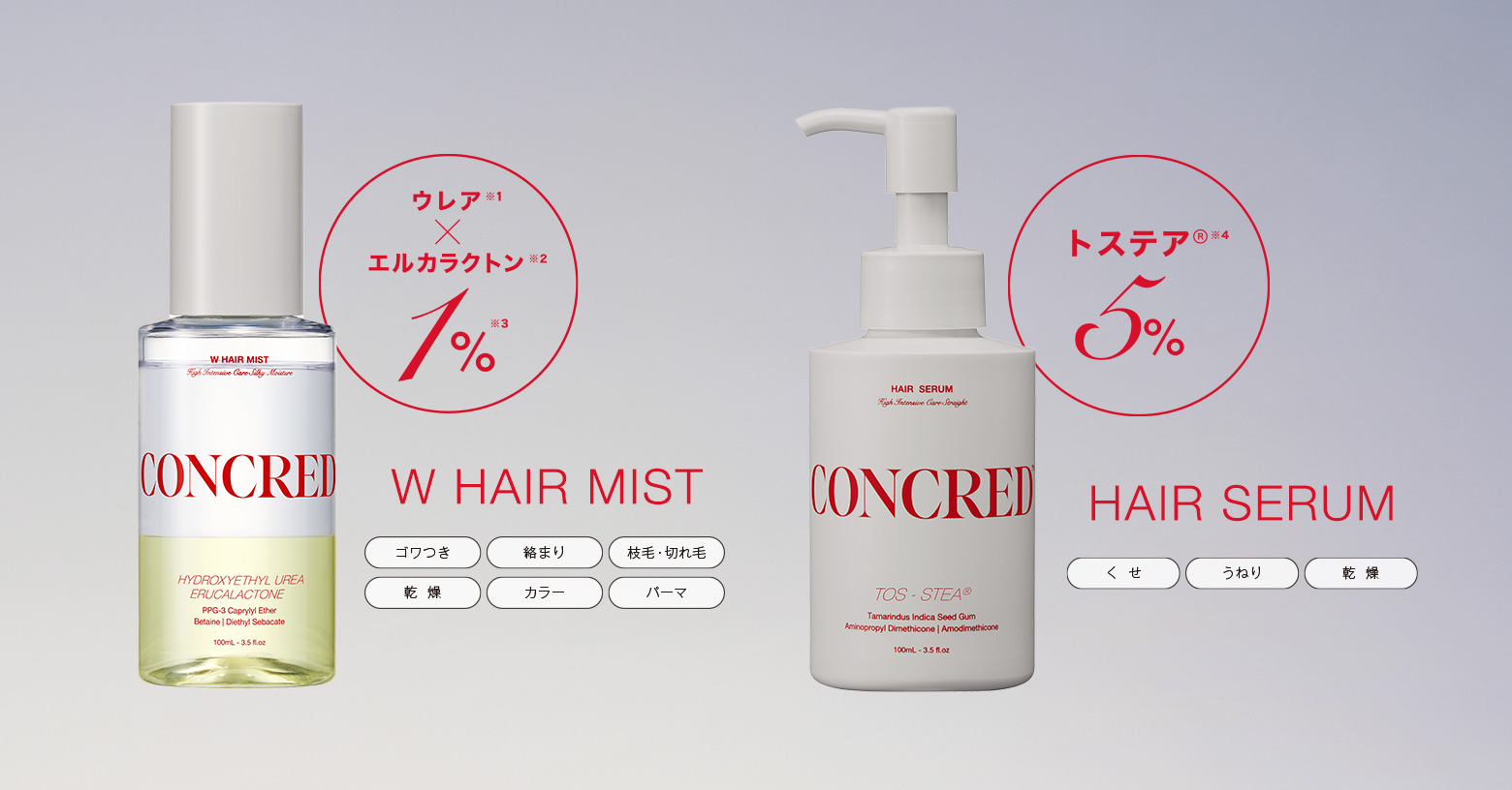 ■質感※5 補正ヘアミスト
インバス・アウトバスの２WAY仕様。ゴワつきをケアする「ウレア※1」と指通り集中型成分「エルカラクトン※2」配合した2層式ヘアミスト。
100mL / ¥1,980（税込）

■ストレートヘアセラム
次世代の毛髪補修・うねりケア成分「トステア※4」配合。髪内部に浸透して、くせ・うねりの原因にアプローチ。独自のpH設計でゆがみケアをブースト。
100mL / ¥1,980（税込）

※1 ヒドロキシエチルウレア（毛髪補修成分） ※2 γードコサラクトン（毛髪補修成分）、セバシン酸ジエチル（エモリエント成分） ※3 ※1 と※2の合計　※4 アミノエチルチオコハク酸ジアンモニウム（毛髪補修成分）、水（基剤） ※5 髪のやわらかさ・なめらかさのこと