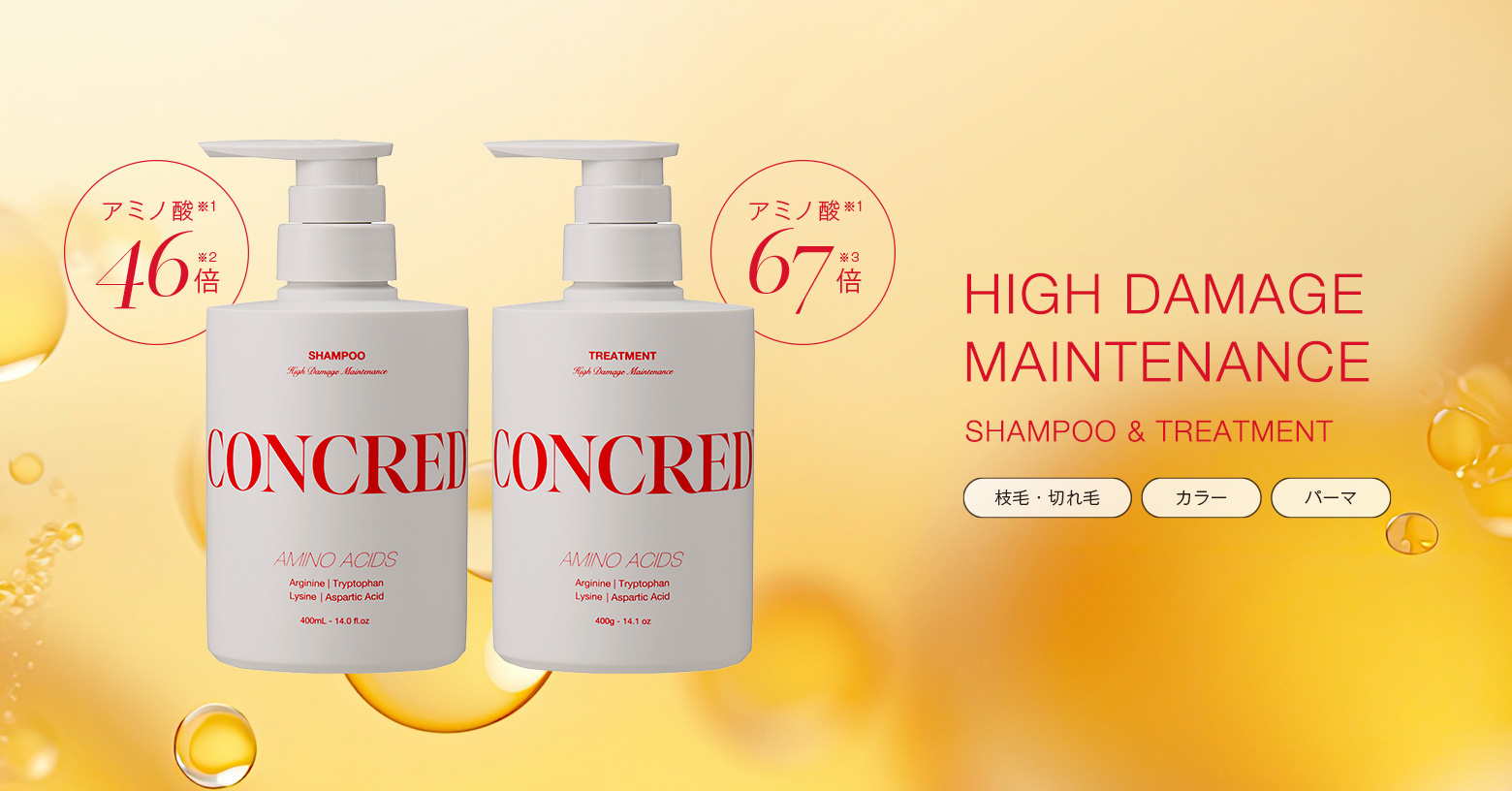 パーマやカラーなどの施術によって失われるアミノ酸の種類を特定。ダメージ髪に不足している4種のアミノ酸※1 を高濃度※2-3 注入※4 した「ハイダメージメンテナンスシリーズ」。洗うたび、艶めく上質なめらか髪へ。

※1 アルギニン、トリプトファン、リシンＨＣｌ、アスパラギン酸（すべてヘアコンディショニング成分） ※2 ナンバーエス シャンプー配合アミノ酸量平均値との比較 ※3 ナンバーエス トリートメント配合アミノ酸量平均値との比較 ※4 毛髪内部まで浸透すること