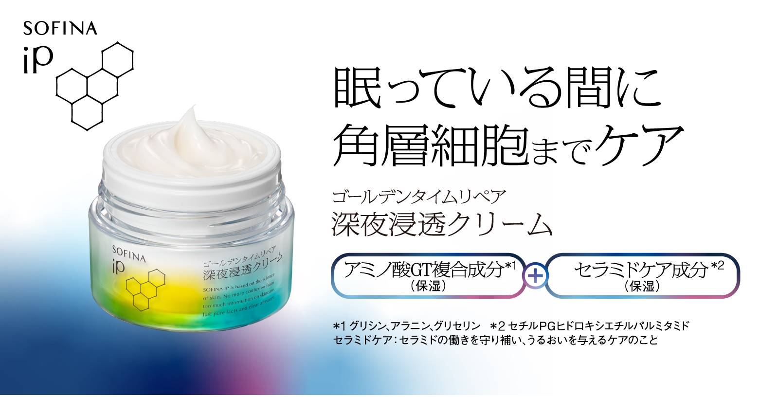 夜の過酷な乾燥ダメージに着目。ゴールデンタイムの就寝中に、乾燥を防ぐ角層のバリア機能の働きを補う。角層細胞まで浸透しうるおいで満たし続け、翌朝も手触りまで変わる、もっちりハリツヤ肌へ。〇アミノ酸ＧＴ複合成分配合※１（保湿）〇セラミドケア成分配合※２（保湿）※１グリシン、アラニン、グリセリン※２セチルＰＧヒドロキシエチルパルミタミド　セラミドケア：セラミドの働きを守り補い、うるおいを与えるケアのこと