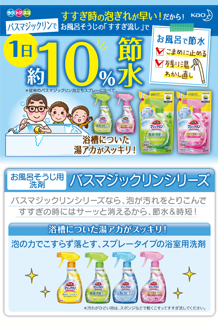すすぎ時の泡ぎれいが早い!だから!お風呂そうじの「すすぎ流し」で1日約10％節水