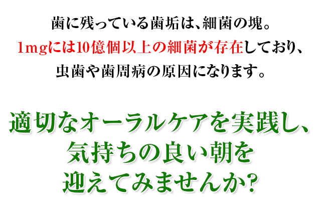 歯に残っている歯垢は、細菌の塊。1mgには10億個以上の細菌が存在しており、虫歯や歯周病の原因になります。