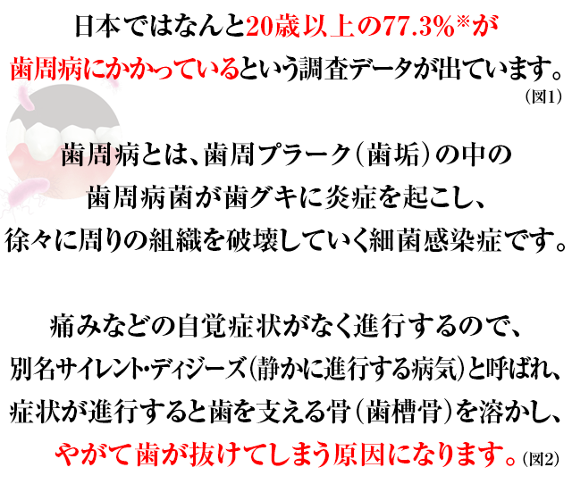 日本ではなんと20歳以上の77.3％※が歯周病にかかっているという調査データが出ています。歯周病とは、歯周プラーク（歯垢）の中の歯周病菌が歯グキに炎症を起こし、徐々に周りの組織を破壊していく細菌感染症です。痛みなどの自覚症状がなく進行するので、別名サイレント・ディジーズ（静かに進行する病気）と呼ばれ、症状が進行すると歯を支える骨（歯槽骨）を溶かし、やがて歯が抜けてしまう原因になります。