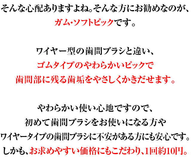 そんな心配ありますよね。そんな方にお勧めなのが、ガム・ソフトピックです。ワイヤー型の歯間ブラシと違い、ゴムタイプのやわらかいピックで歯間部に残る歯垢をやさしくかきだせます。やわらかい使い心地ですので、初めて歯間ブラシをお使いになる方やワイヤータイプの歯間ブラシに不安がある方にも安心です。しかも、お求めやすい価格にもこだわり、1回約10円。