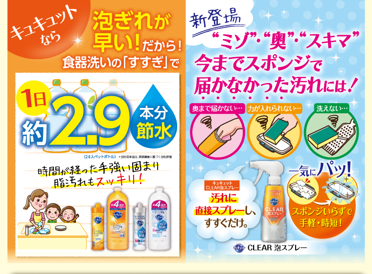 キュキュットなら　泡ぎれが早い！だから！食器洗いの『すすぎ』で1日約2.9本分節水　新登場　ミゾ・奥・スキマ　今までスポンジで届かなかった汚れには!