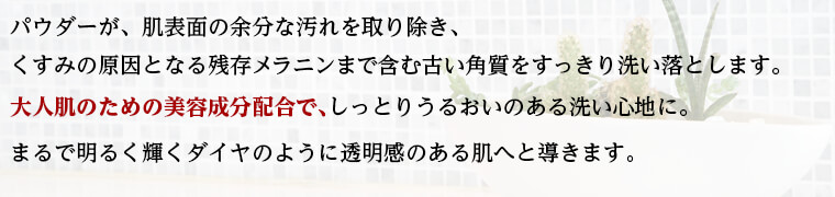 パウダーが、肌表面の余分な汚れを取り除き、 くすみの原因となる残存メラニンまで含む古い角質をすっきり洗い落とします。 