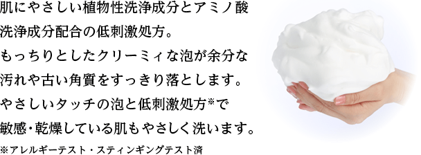 肌にやさしい植物性洗浄成分とアミノ酸洗浄成分配合の低刺激処方。もっちりとしたクリーミィな泡が余分な汚れや古い角質をすっきり落とします。やさしいタッチの泡と低刺激処方※で敏感・乾燥している肌もやさしく洗います。