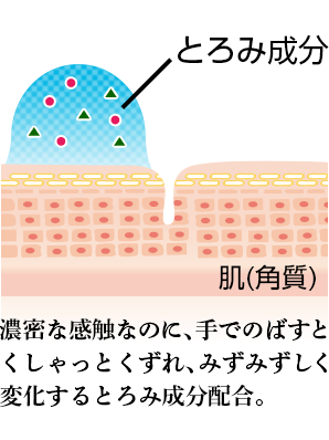 濃密な感触なのに、手でのばすと くしゃっとくずれ、みずみずしく 変化するとろみ成分配合。 