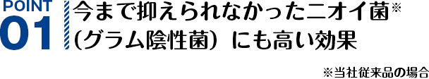 POINT01 今まで抑えられなかったニオイ菌※（グラム陰性菌）にも高い効果 ※当社従来品の場合