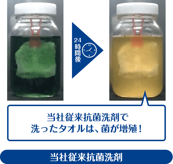 24時間後、当社従来抗菌洗剤で洗ったタオルは、菌が増殖！