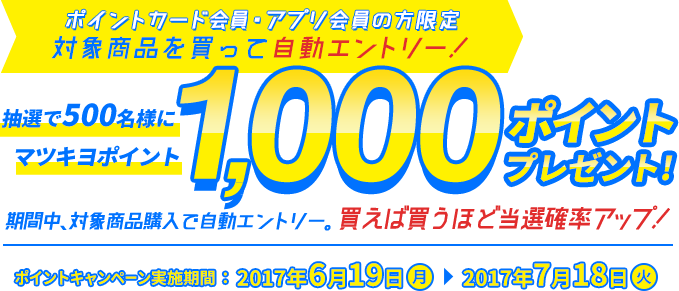 ポイントカード会員・アプリ会員の方限定　対象商品を買って自動エントリー！　抽選で500名様にマツキヨポイント1,000ポイントプレゼント！　期間中、対象商品購入で自動エントリー。買えば買うほど当選確率アップ！　ポイントキャンペーン実施期間：2017年6月19日〜2017年7月18日