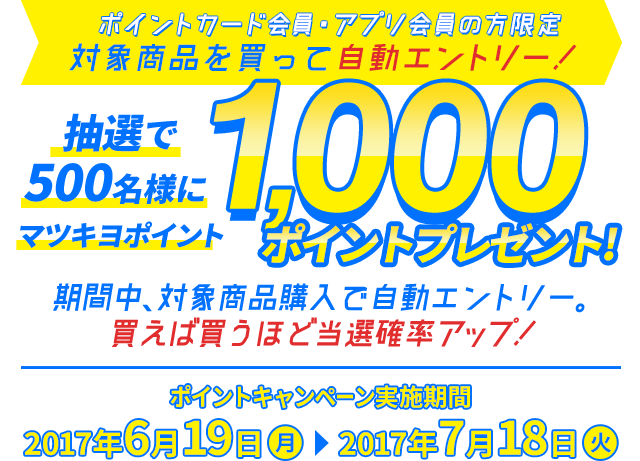 ポイントカード会員・アプリ会員の方限定　対象商品を買って自動エントリー！　抽選で500名様にマツキヨポイント1,000ポイントプレゼント！　期間中、対象商品購入で自動エントリー。買えば買うほど当選確率アップ！　ポイントキャンペーン実施期間：2017年6月19日〜2017年7月18日