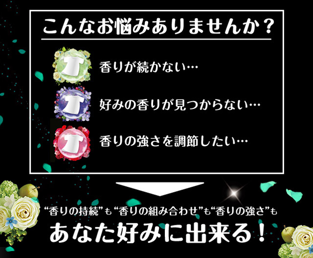 こんなお悩みありませんか？香りが続かない／好みの香りが見つからない／香りの強さを調節したい→「香りの持続」も「香りの組み合わせ」も「香りの強さ」もあなた好みに出来る！