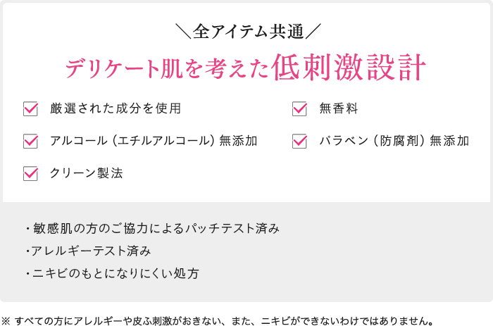 全アイテム共通 デリケート肌を考えた低刺激設計 厳選された成分を使用 無香料 アルコール（エチルアルコール）無添加 パラベン（防腐剤）無添加 クリーン製法 ・敏感肌の方のご協力によるパッチテスト済み・アレルギーテスト済み・ニキビのもとになりにくい処方 ※ すべての方にアレルギーや皮ふ刺激がおきない、また、ニキビができないわけではありません。