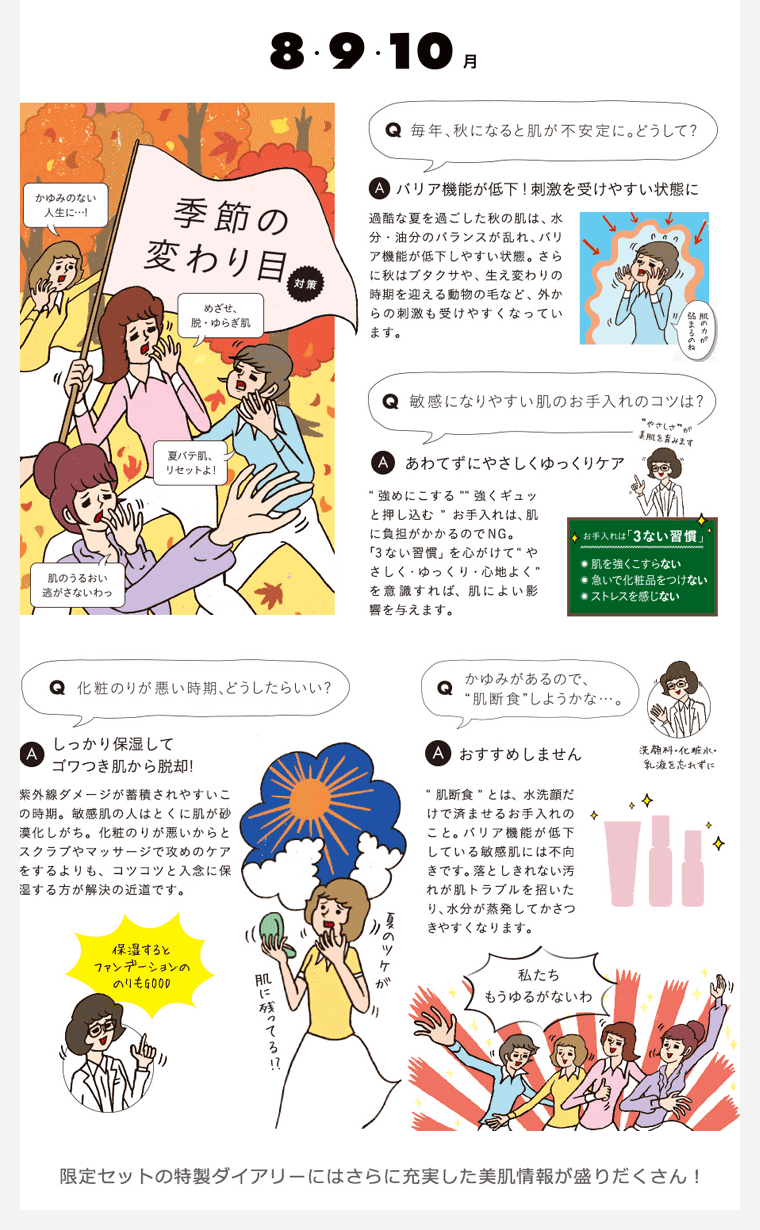 8・9・10月 季節の変わり目対策 限定セットの特製ダイアリーにはさらに充実した美肌情報が盛りだくさん！