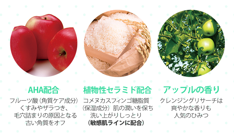 AHA配合 フルーツ酸（角質ケア成分）くすみやザラつき、毛穴詰まりの原因となる古い角質をオフ 植物性セラミド配合 コメヌカスフィンゴ糖脂質（保湿成分）肌の潤いを保ち洗い上がりしっとり（敏感肌ラインに配合） アップルの香り クレンジングリサーチは爽やかな香りも人気のひみつ