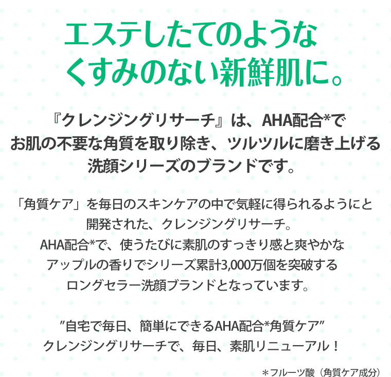 エステしたてのようなくすみのない新鮮肌に。 『クレンジングリサーチ』は、AHA配合*でお肌の不要な角質を取り除き、ツルツルに磨き上げる洗顔シリーズのブランドです。 「角質ケア」を毎日のスキンケアの中で気軽に得られるようにと開発された、クレンジングリサーチ｡AHA配合*で、使うたびに素肌のすっきり感と爽やかなアップルの香りでシリーズ累計3,000万個を突破するロングセラー洗顔ブランドとなっています。 ソープをはじめとするレギュラーラインに加え、敏感肌ライン・薬用アクネライン・大人肌ライン、さらにボディケアラインを揃える”自宅で毎日、簡単にできるAHA配合*角質ケア”クレンジングリサーチで、毎日、素肌リニューアル！ ＊フルーツ酸（角質ケア成分）