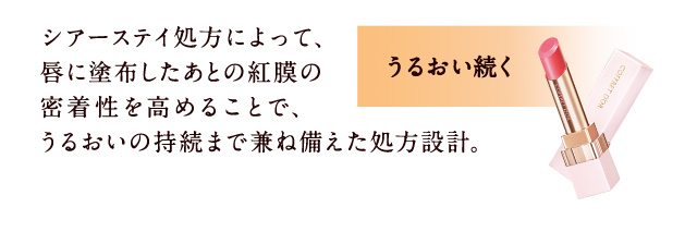 シアーステイ処方によって、唇に塗布したあとの紅膜の密着性を高めることで、うるおいの持続まで兼ね備えた処方設計。