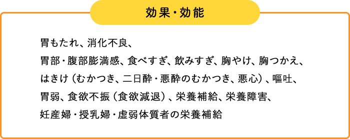 効果・効能 胃もたれ、消化不良、胃部・腹部膨満感、食べすぎ、飲みすぎ、胸やけ、胸つかえ、はきけ（むかつき、二日酔・悪酔のむかつき、悪心）、嘔吐、胃弱、食欲不振（食欲減退）、栄養補給、栄養障害、妊産婦・授乳婦・虚弱体質者の栄養補給