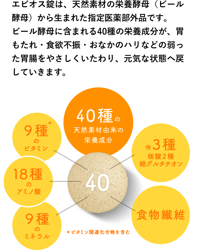 エビオス錠は、天然素材の栄養酵母（ビール酵母）から生まれた指定医薬部外品です。
      ビール酵母に含まれる40種の栄養成分が、胃もたれ・食欲不振・おなかのハリなどの弱った胃腸をやさしくいたわり、元気な状態へ戻していきます。
      ・40種の天然素材由来の栄養成分・他３種 核酸２種 総グルタチオン・食物繊維・９種のビタミン・１８種のアミノ酸・９種のミネラル ＊ビタミン関連化合物を含む
      