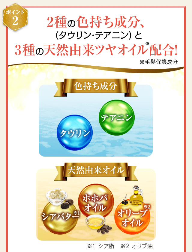 2種の色持ち成分、3種の天然由来ツヤオイル配合