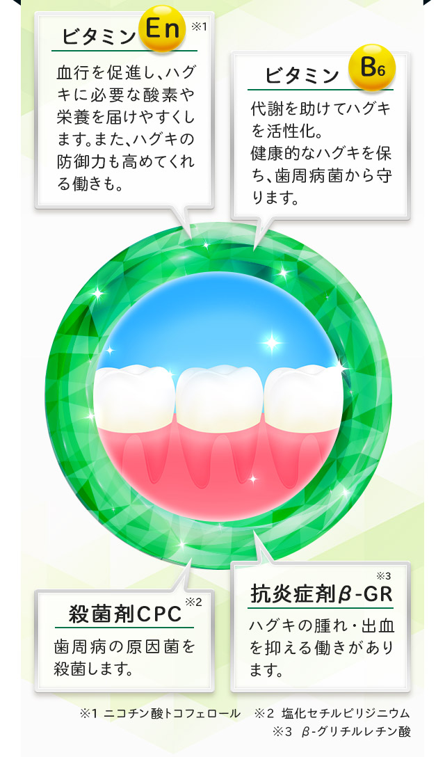 ビタミンEn、ビタミンB6、殺菌剤CPC、抗炎症剤βGR