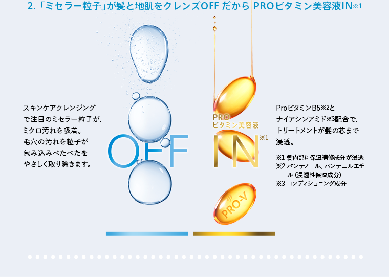 2.「ミセラー粒子」が髪と地肌をクレンズOFF だから PROビタミン美容液IN※1