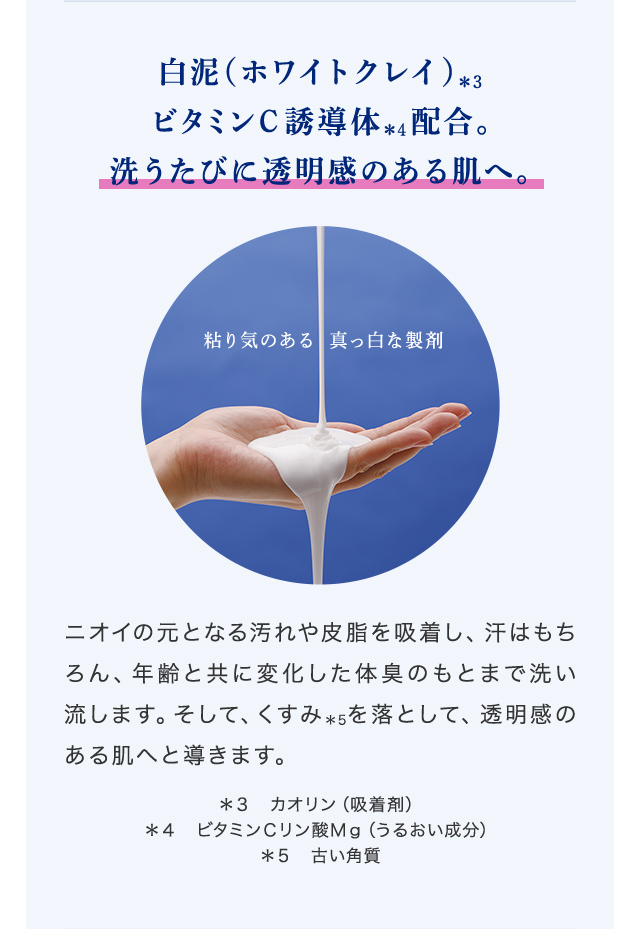 白泥（ホワイトクレイ）ビタミンC誘導体配合。洗うたびに透明感のある肌へ。