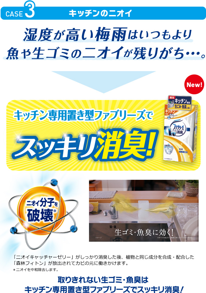 CASE3：キッチンのニオイ／キッチン専用置き型ファブリーズでスッキリ消臭！