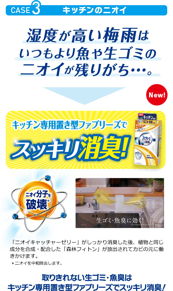 CASE3：キッチンのニオイ／キッチン専用置き型ファブリーズでスッキリ消臭！