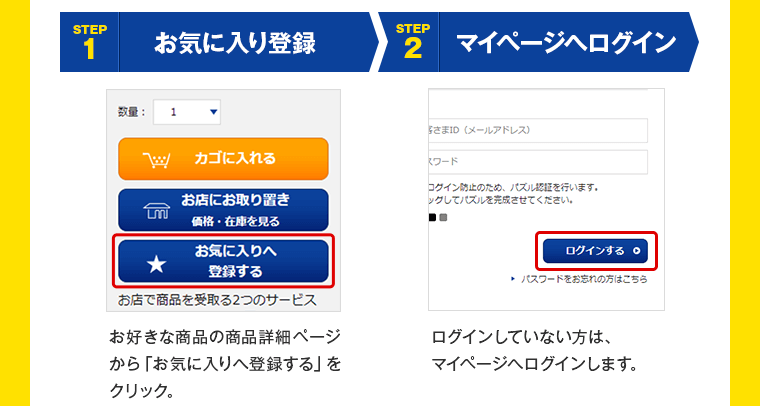 1.お気に入り登録 2.マイページへログイン
