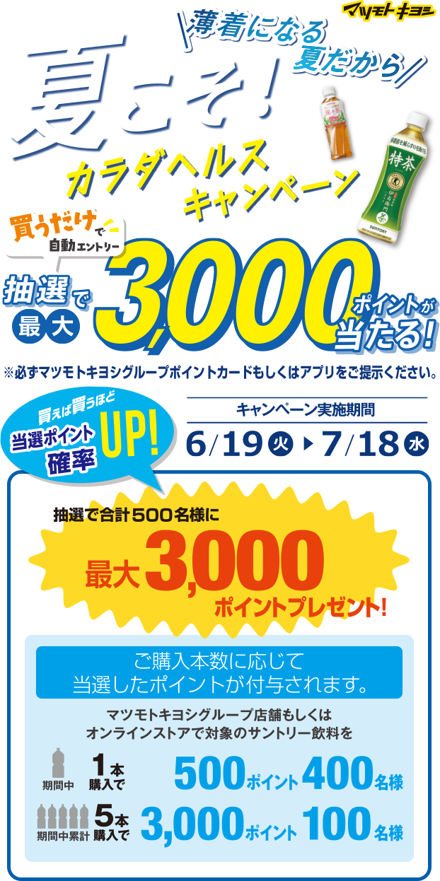 夏こそ！サントリートクホ！キャンペーン　ポイントカード会員・アプリ会員の方限定　対象商品を買って自動エントリー！　抽選で500名様にマツキヨポイント1,000ポイントプレゼント！　期間中、対象商品購入で自動エントリー。買えば買うほど当選確率アップ！　ポイントキャンペーン実施期間：2017年6月19日〜2017年7月18日