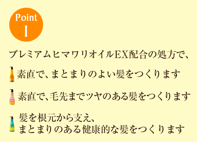 Point1ヒマワリ芽発酵エキスをプラスした、プレミアムヒマワリオイルEX配合の処方で、素直で、まとまりのよい髪をつくります素直で、毛先までツヤのある髪をつくります髪を根元から支え、まとまりのある健康的な髪をつくります