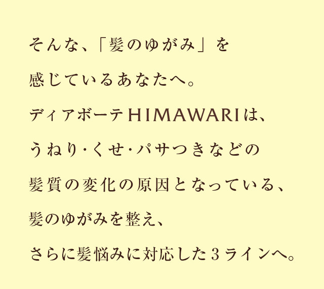 そんな、「髪のゆがみ」を感じているあなたへ。ディアボーテは、うねり･くせ･パサつきなどの髪質の変化の原因となっている、髪のゆがみを整え、さらに髪悩みに対応した3ラインへ。