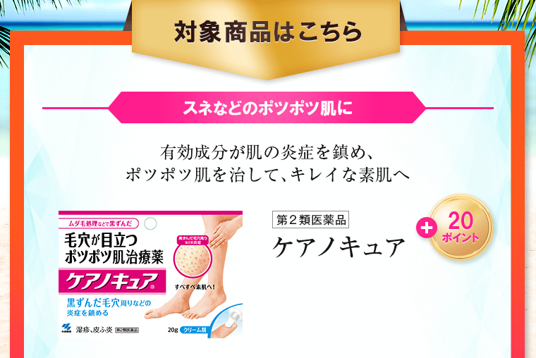 対象商品はこちら スネなどのポツポツ肌に 有効成分が肌の炎症を鎮め、ポツポツ肌を治して、キレイな素肌へ ケアノキュア
