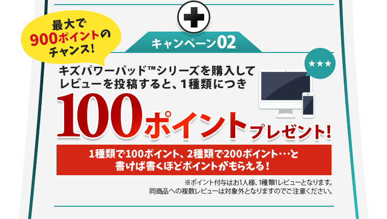 キズパワーパッドシリーズを購入してレビューを投稿すると1種類につき100ポイントプレゼント