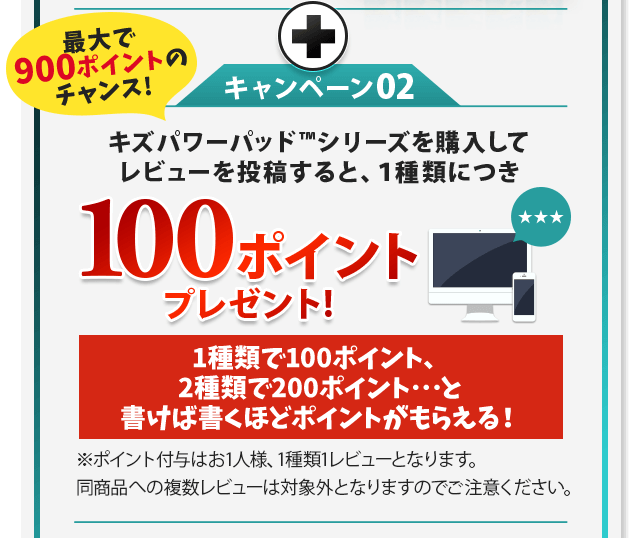 キズパワーパッドシリーズを購入してレビューを投稿すると1種類につき100ポイントプレゼント