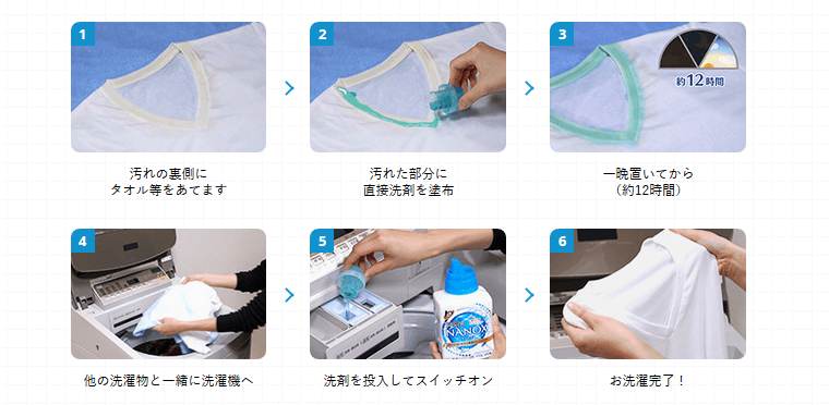 汚れた部分に直接洗剤を塗布、一晩おいてから他の洗濯物と一緒に洗濯機へ