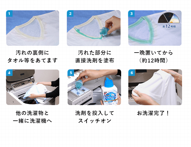 汚れた部分に直接洗剤を塗布、一晩おいてから他の洗濯物と一緒に洗濯機へ