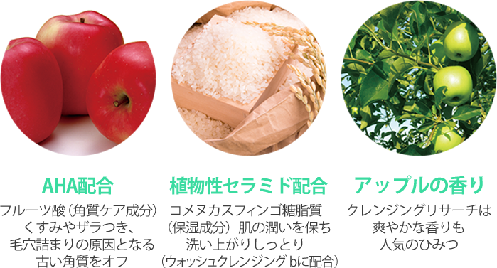 AHA配合 フルーツ酸（角質ケア成分）くすみやザラつき、毛穴詰まりの原因となる古い角質をオフ 植物性セラミド配合 コメヌカスフィンゴ糖脂質（保湿成分）肌の潤いを保ち洗い上がりしっとり（ウォッシュクレンジング bに配合） アップルの香り クレンジングリサーチは爽やかな香りも人気のひみつ