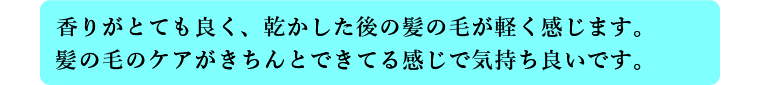 香りがとても良く、乾かしたあとの髪の毛が軽く感じます。髪の毛のケアがきちんとできている感じで気持ちいいです。