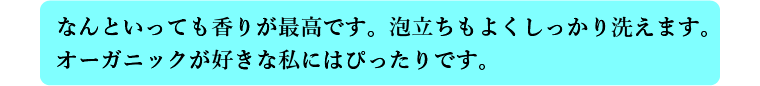 なんといっても香りが最高です。泡立ちもよくしっかり洗えます。オーガニックが好きな私にはぴったりです。