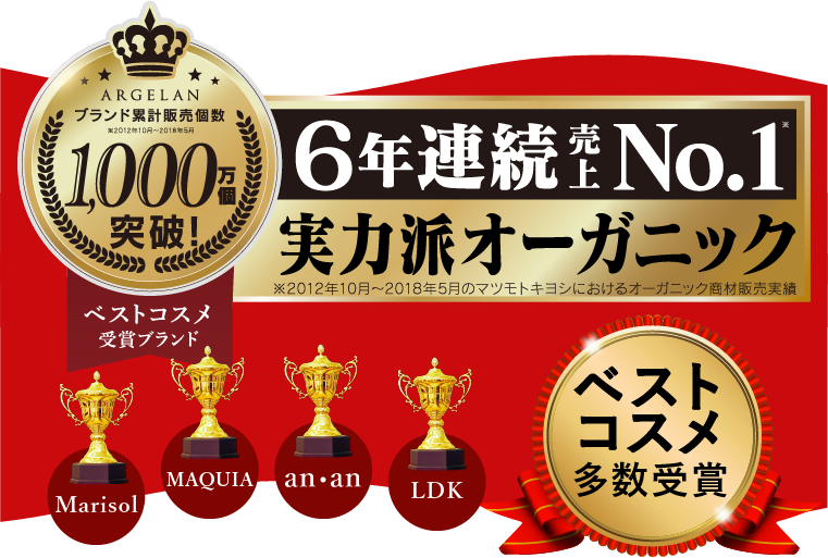 ブランド累計販売個数1,000万個突破！6年連続売上No.1(※)実力派オーガニック※2012年10月〜2018年5月のマツモトキヨシにおけるオーガニック商材販売実績　ベストコスメ多数受賞(Marisol,MAQIA,an・an,LDK)