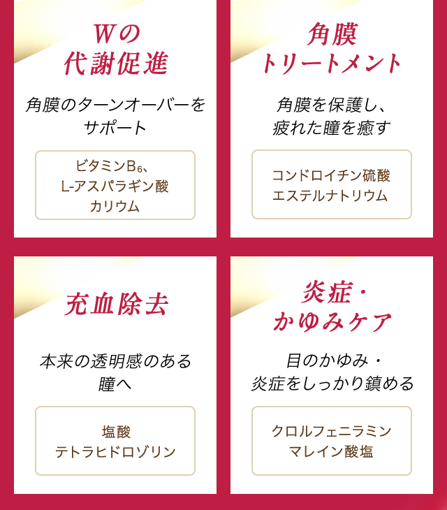 Wの代謝促進 角膜のターンオーバーをサポート ビタミンB6、L-アスパラギン酸カリウム　角膜トリートメント 角膜を保護し、疲れた瞳を癒す コンドロイチン硫酸エステルナトリウム　充血除去 本来の透明感のある瞳へ 塩酸テトラヒドロゾリン　炎症・かゆみケア 目のかゆみ・炎症をしっかり鎮める クロルフェニラミンマレイン酸塩