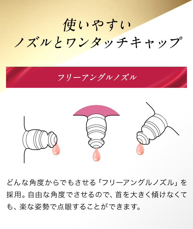 使いやすいノズルとワンタッチキャップ　フリーアングルノイズ どんな角度からでもさせる「フリーアングルノイズ」を採用。自由な角度でさせるので、首を大きく傾けなくても、楽な姿勢で点眼することができます。