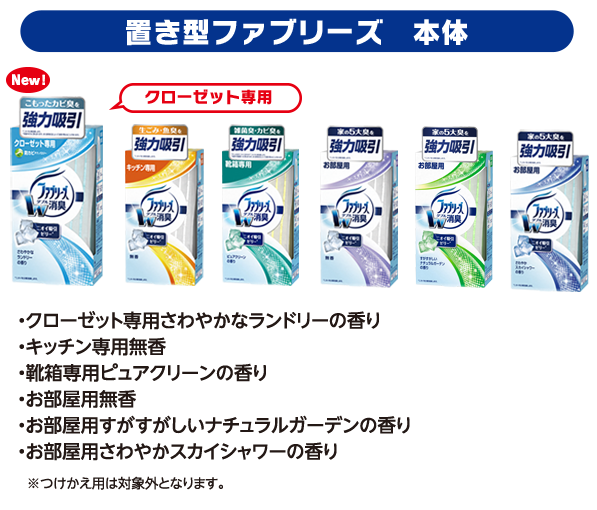 置き型ファブリーズ　本体 ・クローゼット専用さわやかなランドリーの香り ・キッチン専用無香 ・靴箱専用ピュアクリーンの香り ・お部屋用無香 ・お部屋用すがすがしいナチュラルガーデンの香り ・お部屋用さわやかスカイシャワーの香り