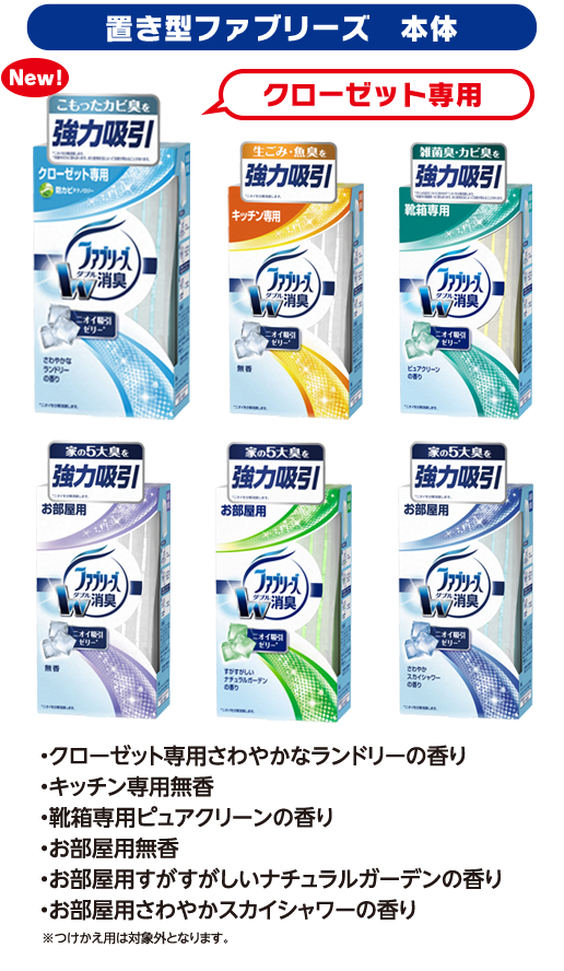 置き型ファブリーズ　本体 ・クローゼット専用さわやかなランドリーの香り ・キッチン専用無香 ・靴箱専用ピュアクリーンの香り ・お部屋用無香 ・お部屋用すがすがしいナチュラルガーデンの香り ・お部屋用さわやかスカイシャワーの香り