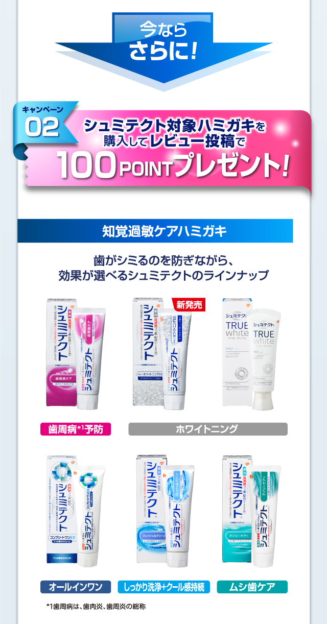 キャンペーン02 シュミテクト対象ハミガキを購入してレビュー投稿で１００POINTプレゼント！ 知覚過敏ケアハミガキ 歯がシミるのを防ぎながら、効果が選べるシュミテクトのラインナップ