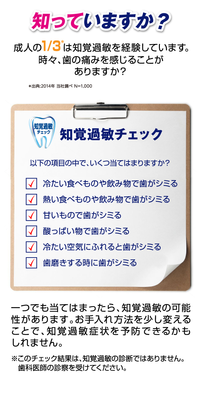 知っていますか？ 成人の1/3は知覚過敏を経験しています。 時々、歯の痛みを感じることがありますか？ 知覚過敏チェック 一つでも当てはまったら、知覚過敏の可能性があります。お手入れ方法を少し変えることで、知覚過敏症状を予防できるかもしれません。