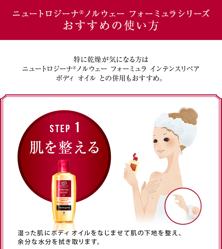 特に乾燥が気になる方はニュートロジーナ ノルウェー フォーミュラインテンスリペア ボディ オイル との併用もおすすめ